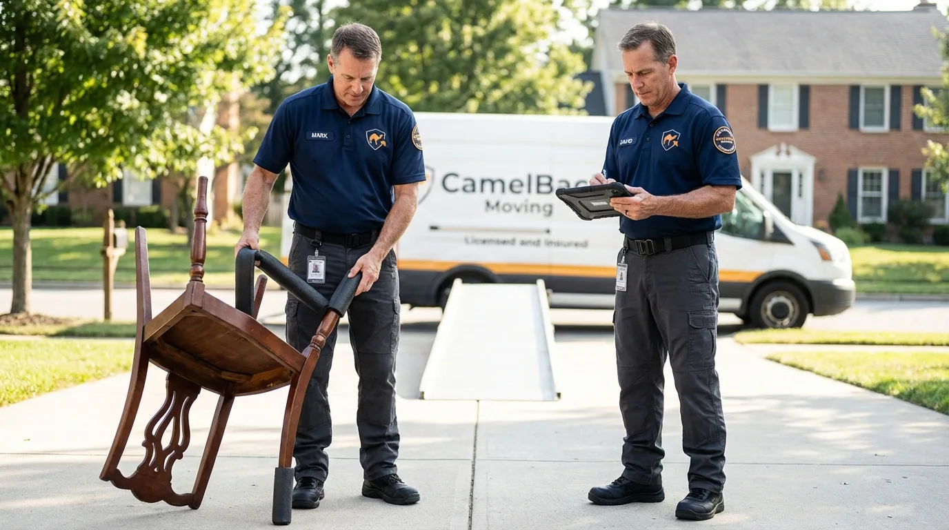 Movers inspecting furniture for damage prevention before loading in Le Grand, CA