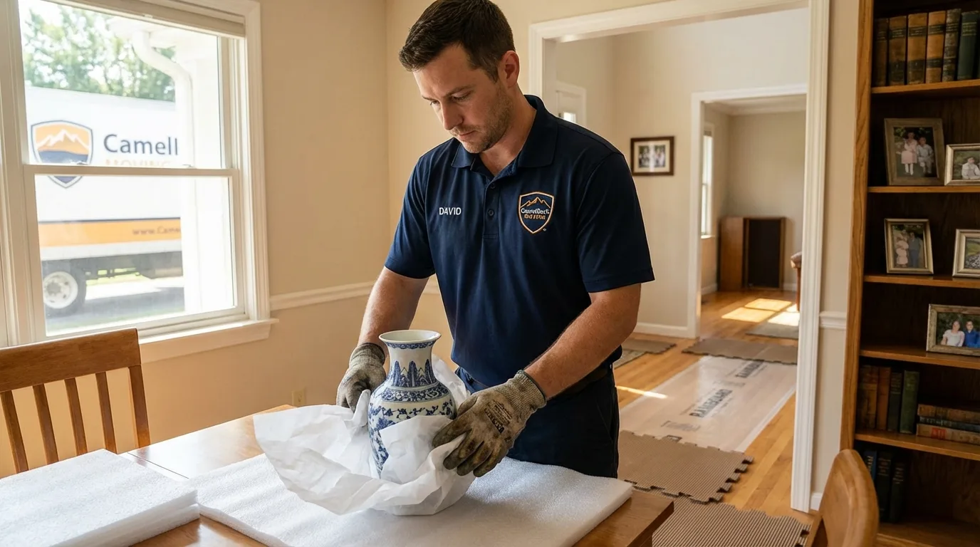 Professional crew carefully wrapping antique vase for senior downsizing move in Le Grand, CA